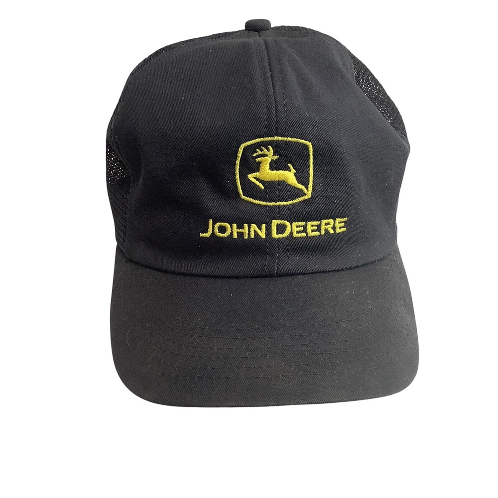 John Deere Hat Cap Trucker Snapback Back Half Mesh Black Yellow Gift Vintage